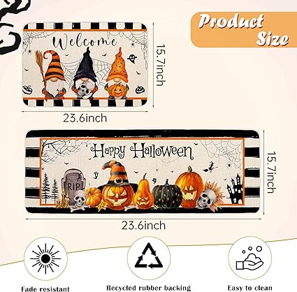 Non-Slip Gnome Doormat for Outdoor Indoor Kitchen Decor, Halloween Decorative Kitchen Mats Set of 2,