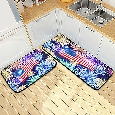 American Flag Fireworks Patriotic 4Th of July Non Slip Doormats Carpet Home Decor Set of 2