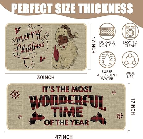 2 Pcs Non Slip Merry Christmas Winter Farmhouse Party Floor Mat for Kitchen Decor 17 x 30 and 17 x 47 Inch