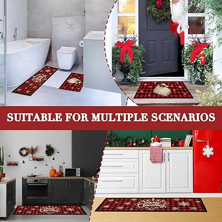 Non Slip Washable Xmas Red Black Buffalo Plaid Snowflake Floor Mat, 29x15 and 47x15 in