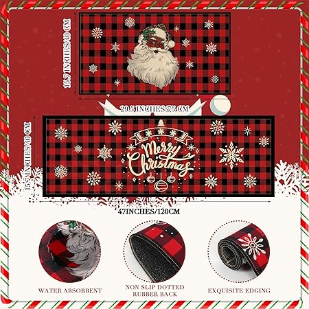 Non Slip Washable Xmas Red Black Buffalo Plaid Snowflake Floor Mat, 29x15 and 47x15 in