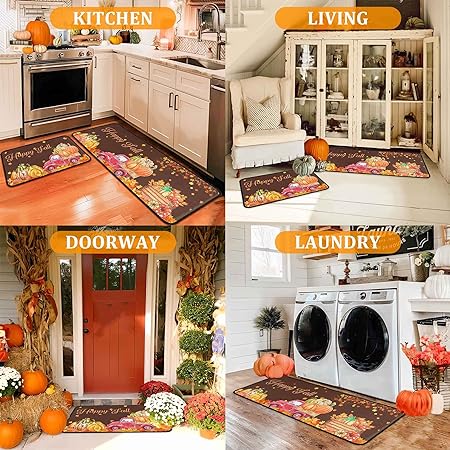 Non Skid Washable, Seasonal Fall Holiday Party Autumn Harvest Thanksgiving Kitchen Mat 17"x47"+17"x30"