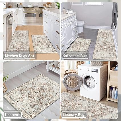 Grey Comfort Kitchen Floor Carpet Runner for Laundry, 17”x28”+17”x47”
