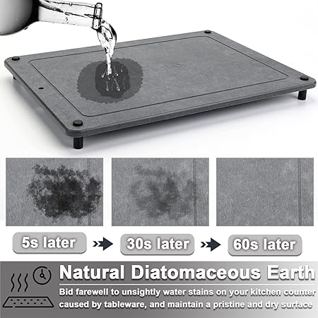 Super Absorbent Instantly – Stainless Steel Feet, Diatomaceous Earth Stone Dish Drying Mats, (12”x16”)