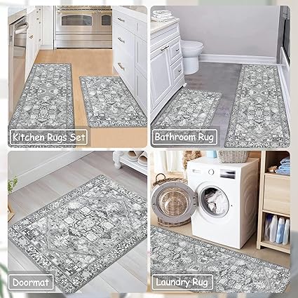 Grey Comfort Kitchen Floor Carpet Runner for Laundry, 17”x28”+17”x47”