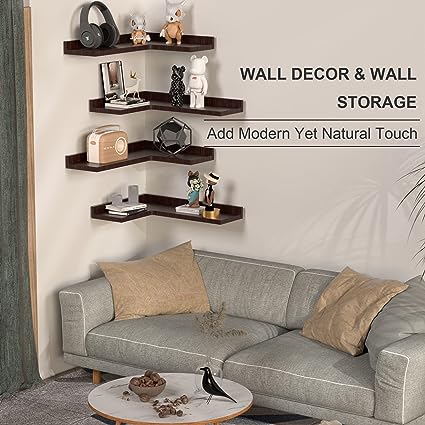 Set of 4, Rustic Pine Wood Corner Shelves for Wall Storage - Black