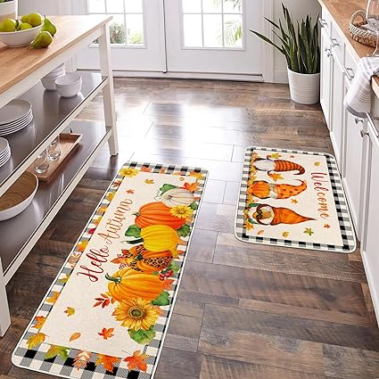 Non-Slip Gnome Doormat for Outdoor Indoor Kitchen Decor, Halloween Decorative Kitchen Mats Set of 2,