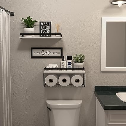 Floating Shelves with Wall Décor Sign, Bathroom Shelves Over Toilet with Wire Storage Basket, Wood Wall Shelves with Protective Metal Guardrail– Black