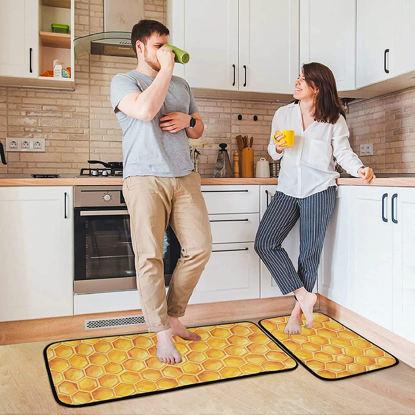 2 Pieces Honeycomb Beehive Wasp Bumblebee Anti Fatigue Kitchen Rug Set - 20"x28"+20"x47" 20"x28"+20"x47"