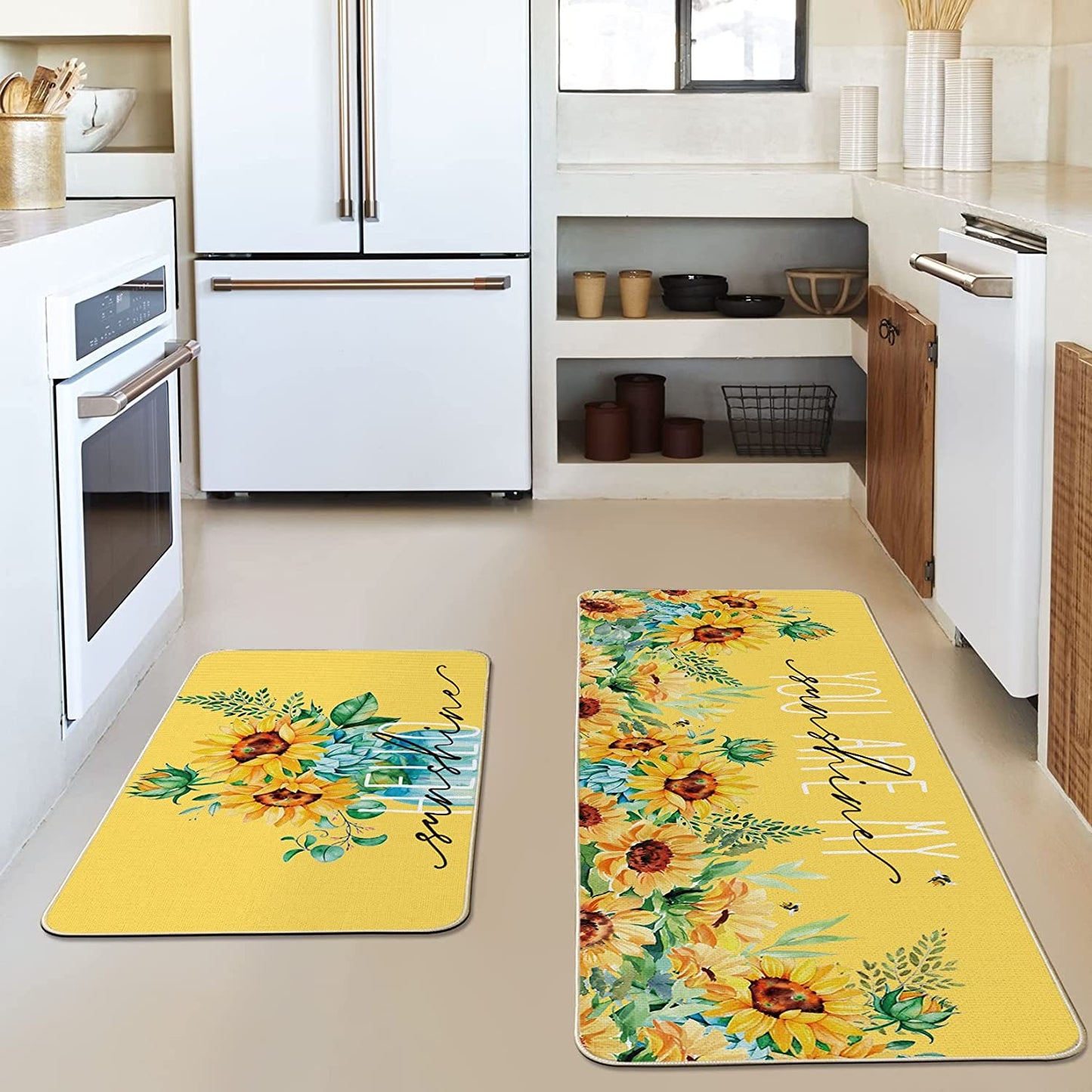 Yellow Sunflowers Hello Sunshine Summer Kitchen Mats Set of 2 - 17x29 and 17x47 Inch