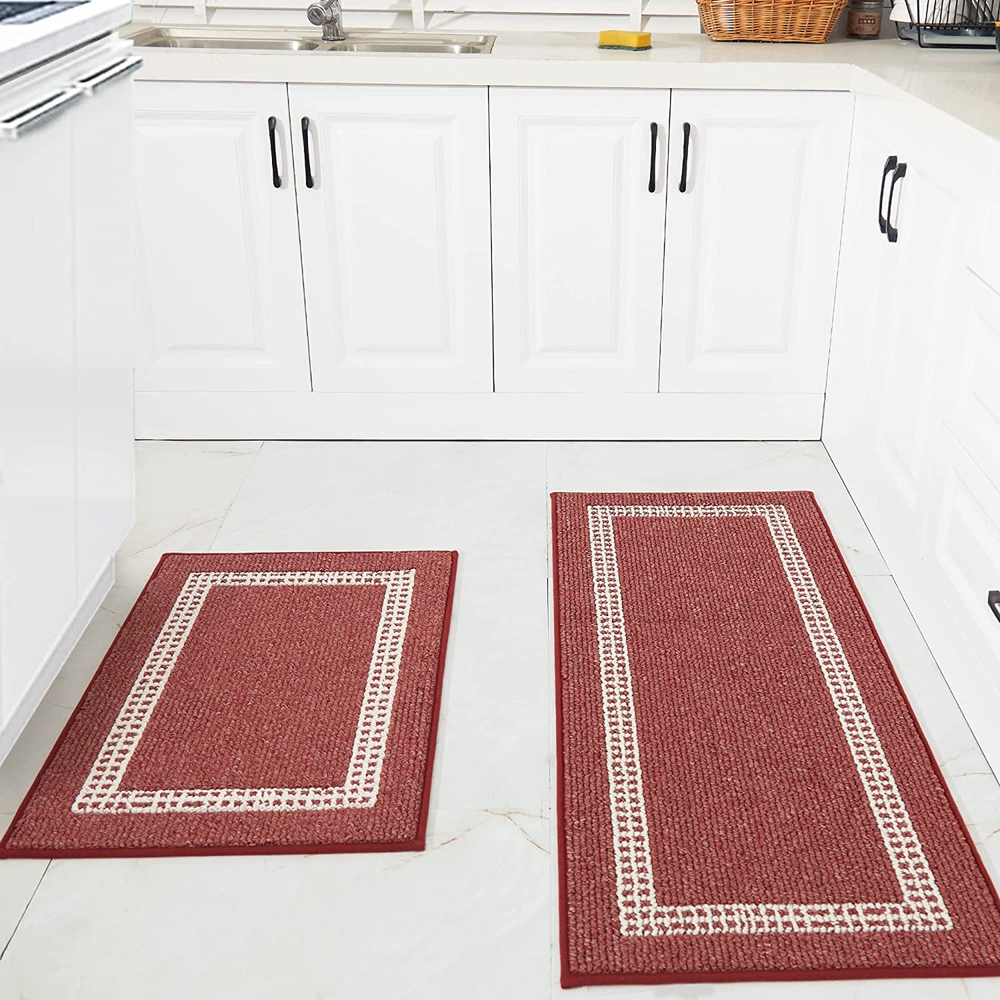 [2 PCS] Super Absorbent, Non-Skid, Washable, Polypropylene, Blue Kitchen Rugs and Mats 48x20 Inch/30X20 Inch