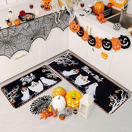 2 PCS Non Slip Halloween Decor Checkered Kitchen Floor Mats, 17x30 and 17x47 Inch