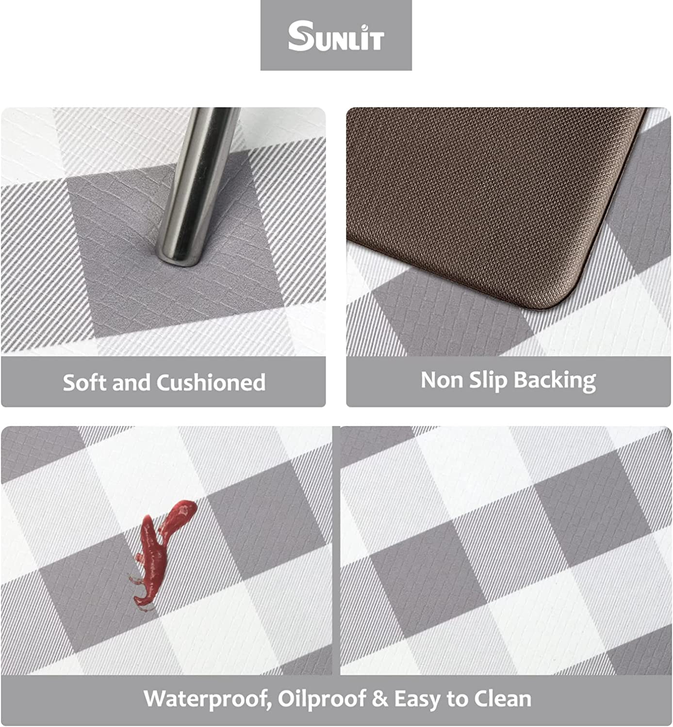 Set of 2 Anti Fatigue, Non Slip Waterproof Comfort, 0.4 Inch Thick, Gray and White Buffalo Plaid (Size:17"x28"&17"x47")