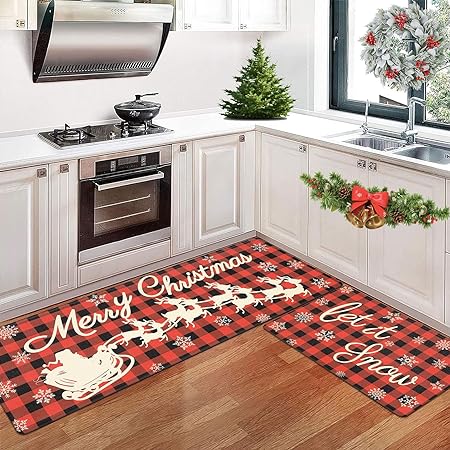 Set of 2 Buffalo Plaid Merry Christmas Anti Fatigue Cushioned Standing Desk Mat, 17"x47"+17"x28"