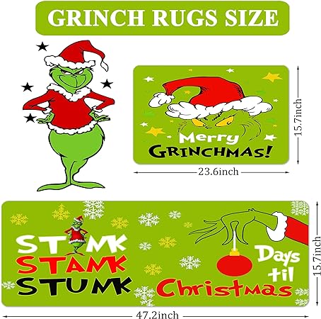 Grinchmas  Set of 2, Christmas Rug Decorations Kitchen Bathroom Door Mats Non Slip Comfort Standing Mat for Floor