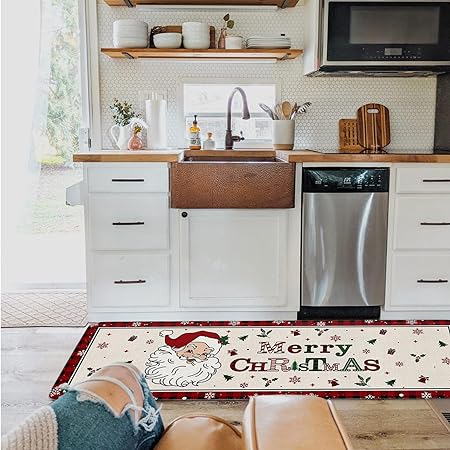 Set 2 Pieces Cute Santa Claus Decor Red Black Buffalo Plaid Non Slip Washable  Kitchen Rugs, 15.7" x 23.6"+15.7" x 47.2"