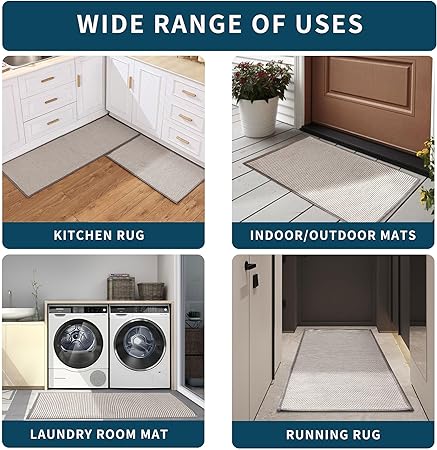 Sets of 2 Absorbent Non Skid Washable Kitchen Rugs and Mats, 17" x 30" + 17" x 59"