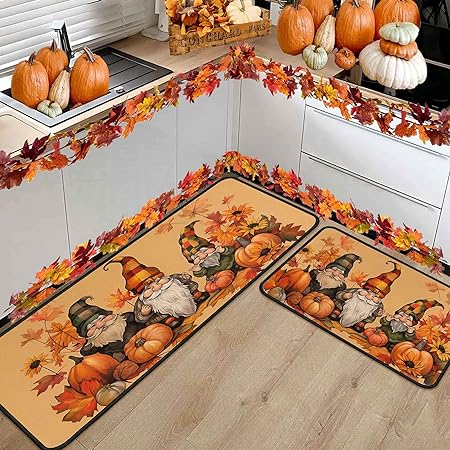 Non Skid Washable, Seasonal Fall Holiday Party Autumn Harvest Thanksgiving Kitchen Mat 17"x47"+17"x30"