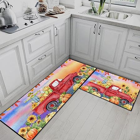 Wooden Board Vintage Kitchen Mats Autumn Maple Leaves Non Skid Washable Set of 2,