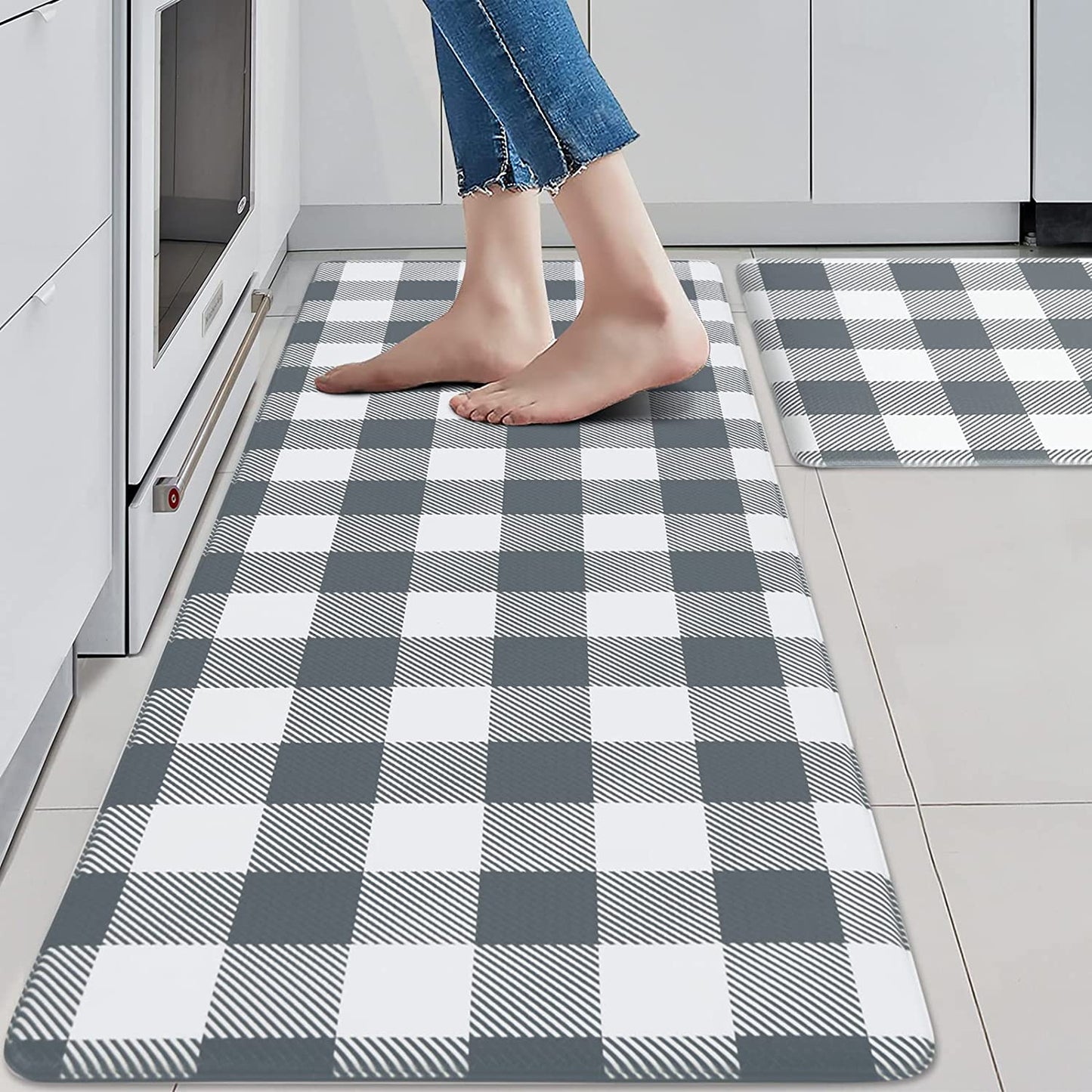 2 PCS Anti Fatigue Non Skid Waterproof Cushioned Black and White Kitchen Rugs