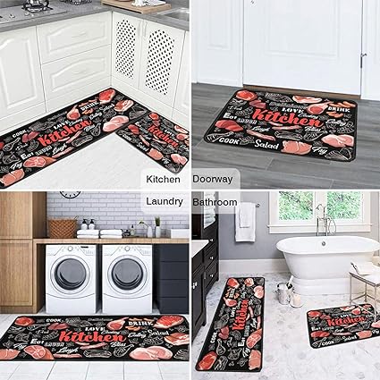 Non Skid Washable Black Kitchen Mat Soft Super Absorbent Anti Fatigue Kitchen Mat Runner Set Doormat Bathroom 17"x47"+17"x30", 2 PCS