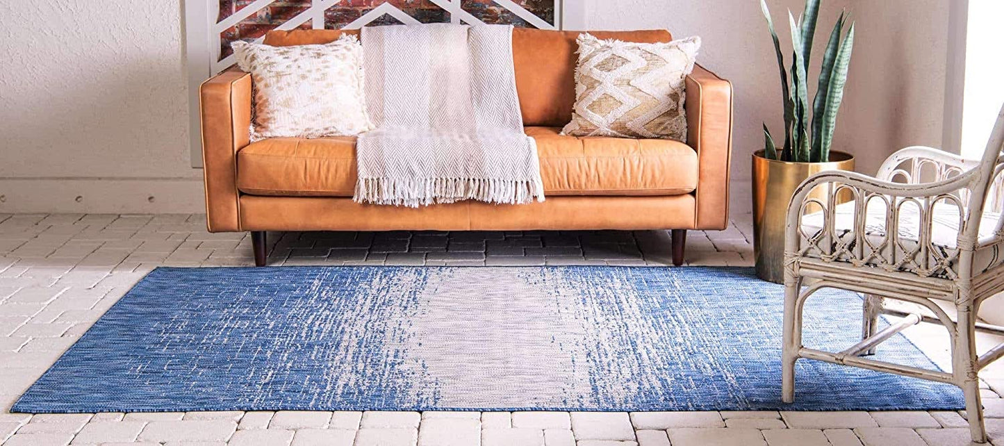 Outdoor Modern Collection Distressed Gradient Transitional Blue Area Rug