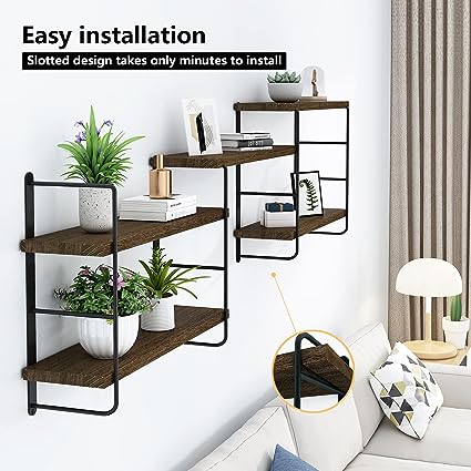 Adjustable Rustic Wall Decor Wood Shelves for Bedroom, Living Room, Bathroom and Kitchen Storage, Durable Metal Frame, Easy Installation (Brown)