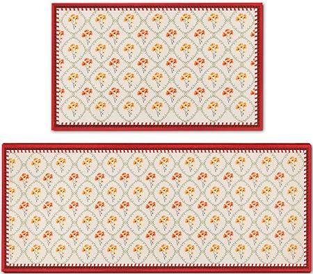 2 PCS Vintage Water Absorb Microfiber Non Skid Washable Farmhouse Kitchen Mats and Rug Set - 17"x29.5"+17"x47", Beige&Black