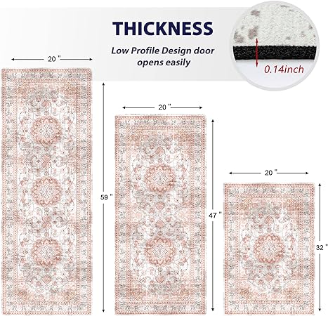 Sets of 3 Non Slip Washable Pink Durability Easy to Wipe Low-Profile Runner Rug, 20"x32"+20"x48"+20"x59"