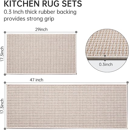 Non Skid Washable Set of 2 PCS, Absorbent Runner Rugs for Kitchen, Front of Sink, Kitchen Mats for Floor, 17.3"x 47"+17.3"x 29" (Black)