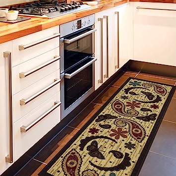 Machine Washable Wrinkle Free Coffee Cup Design Cotton 2 x 5 Kitchen Runner Rug (20" x 59", Beige)