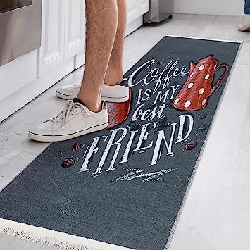 Machine Washable Wrinkle Free Coffee Cup Design Cotton 2 x 5 Kitchen Runner Rug (20" x 59", Beige)