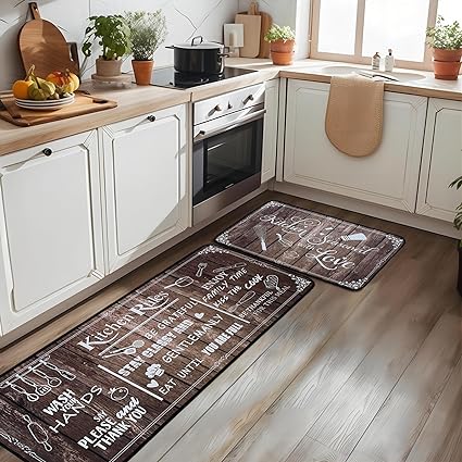 Non Skid Washable Microfiber mats for Kitchen Floor, Kitchen Rules Theme Kitchen Cushioned Runner Rug Decor Sets of 2,Size 17"x 47"+17"x 30"