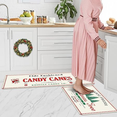 Set of 2 Farm Fresh Christmas Trees Washable Kitchen Carpet, 17x28 and 17x47 Inch