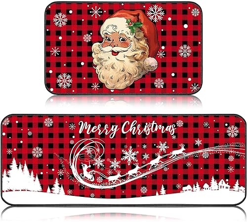 Non Slip Santa Claus Snow Gnome Low Profile Plaid Winter Decorative Christmas Rug 17x29 and 17x47 Inch