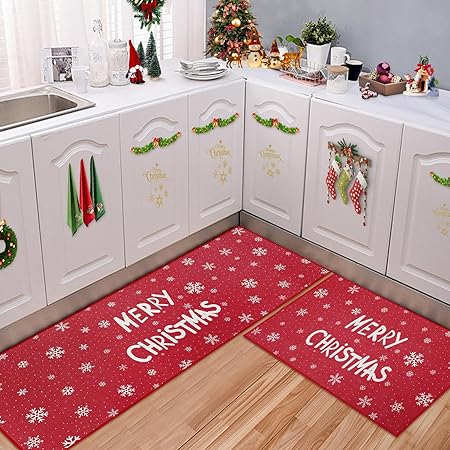 Washable Decorative Non Skid Christmas Kitchen Runner Mat, 17"x29"+17"x47"