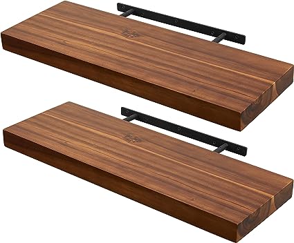 Set of 2, 17" Acacia Wood Floating Shelves Wall Mounted