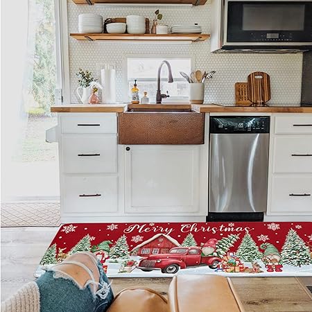 Set 2 Pieces Cute Santa Claus Decor Red Black Buffalo Plaid Non Slip Washable  Kitchen Rugs, 15.7" x 23.6"+15.7" x 47.2"