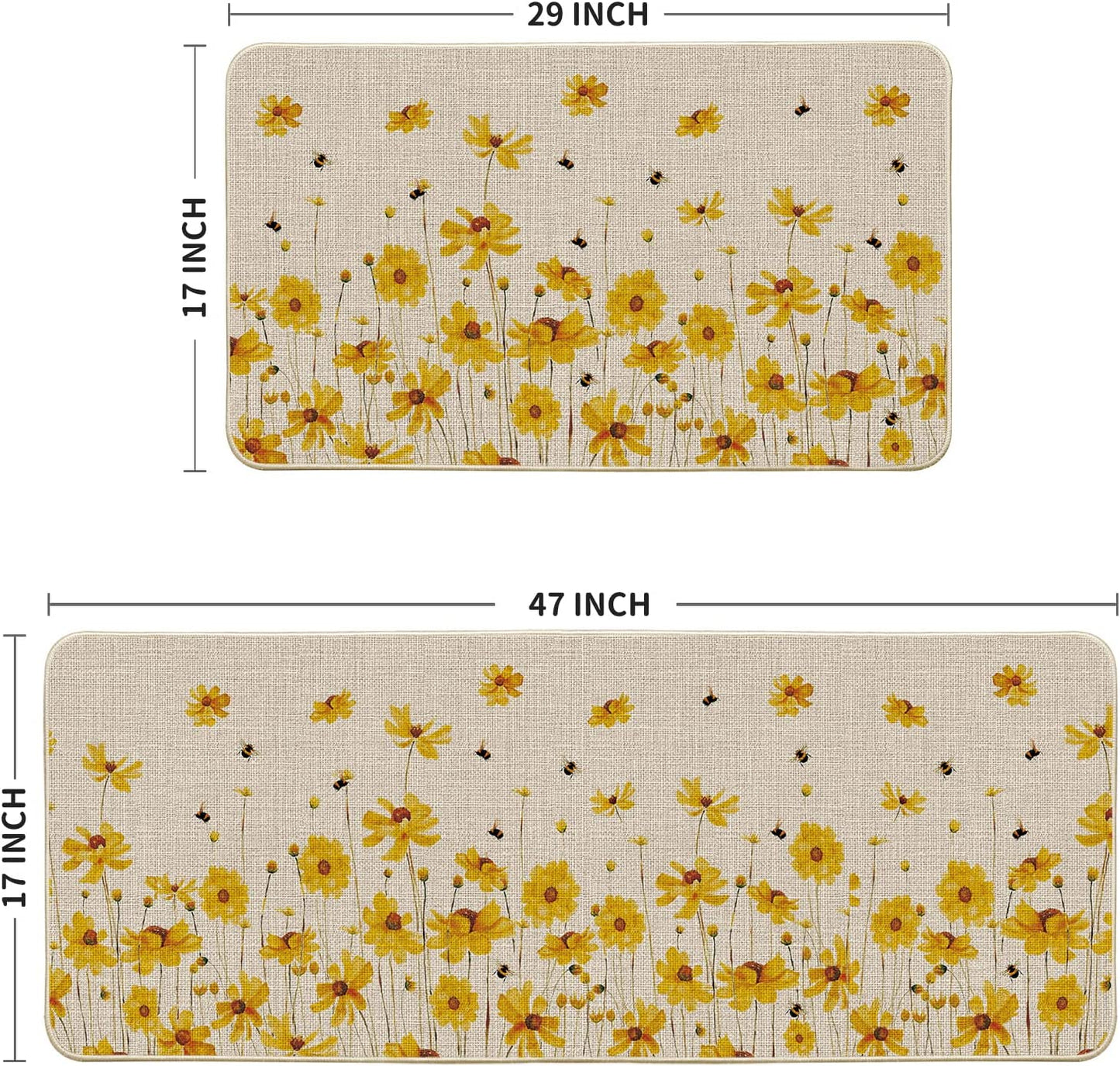 Set of 2, Yellow Flowers Bee Spring Summer Home Decor Low-Profile Kitchen Rugs 17x29 and 17x47 Inch