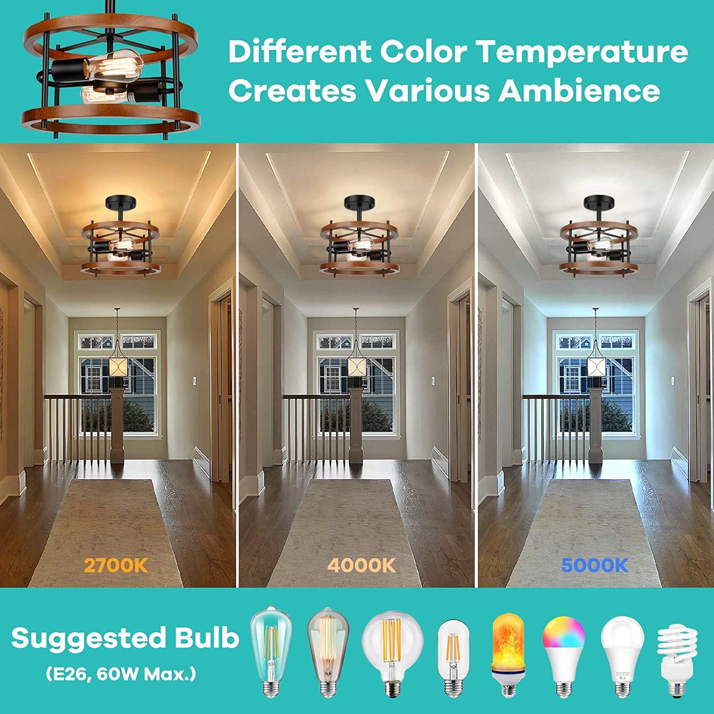 Retro Semi Flush Mount Ceiling Light Fixture, Rustic Vintage Wood Ceiling Light