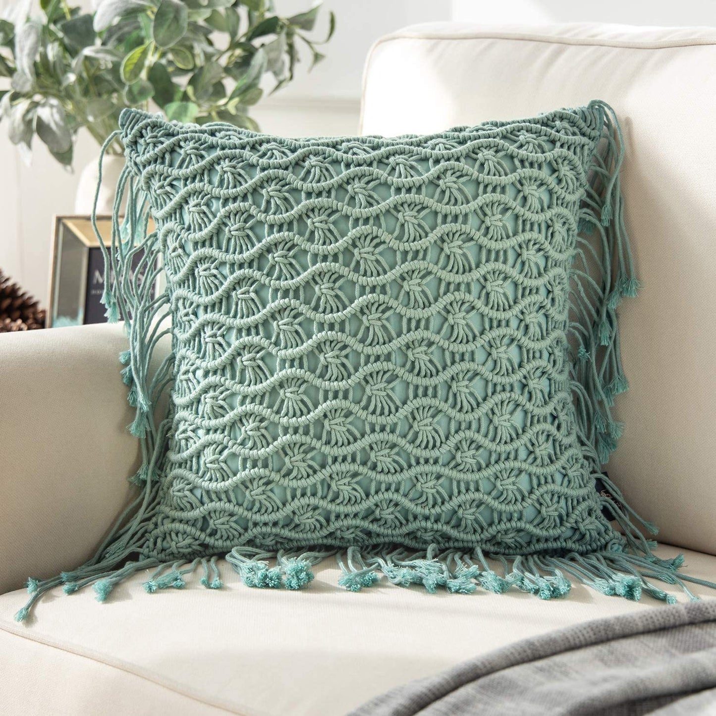 Handmade Crochet Woven Boho Throw Pillow with Tassels Cute Farmhouse Pillow Insert Included