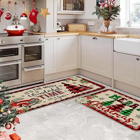 Set of 2 - Red Buffalo Plaid Christmas Kitchen Decor 17"x27+17"x47"