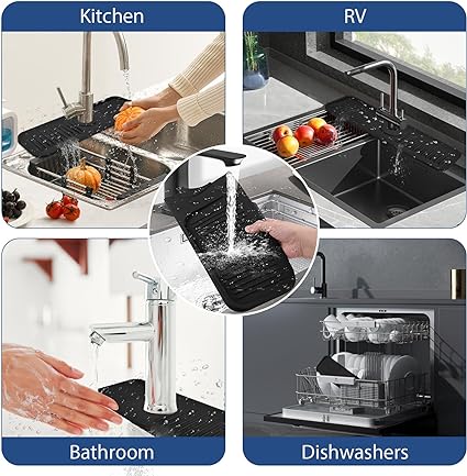 Kitchen Splash Guard for Sink,Silicone Sink Faucet Mat Splash Guard,Faucet Absorbent Sink Protectors Mat(Black 17.5" x 5.5")