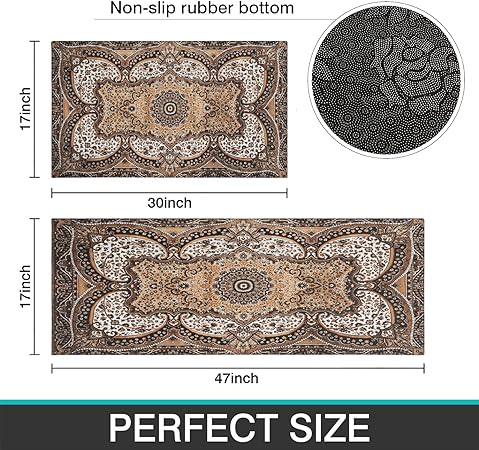 2 Piece Washable Non-Slip Black Boho Kitchen Mats