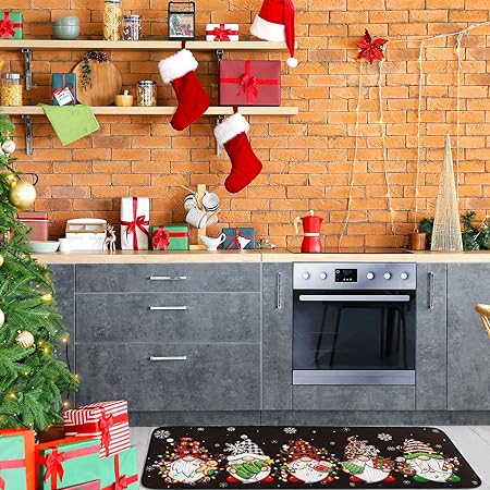 Non Slip Santa Claus Snow Gnome Low Profile Plaid Winter Decorative Christmas Rug 17x29 and 17x47 Inch