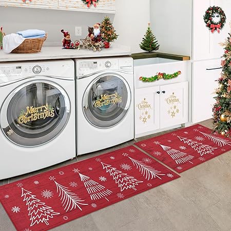 Washable Decorative Non Skid Christmas Kitchen Runner Mat, 17"x29"+17"x47"