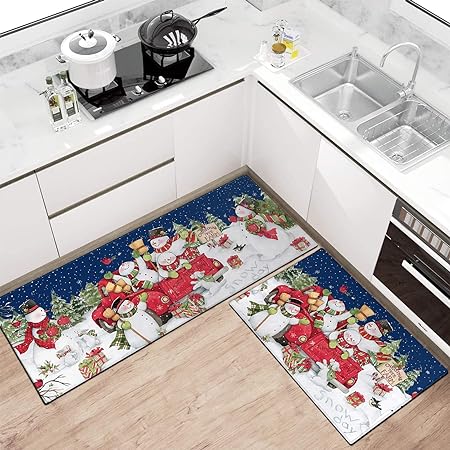 Set of 2, Non Skid Washable Winter Snowman Let It Snow Snowflake Knitted Gloves Xmas Holiday Sink Floor Mat, 17"x47"+17"x30"