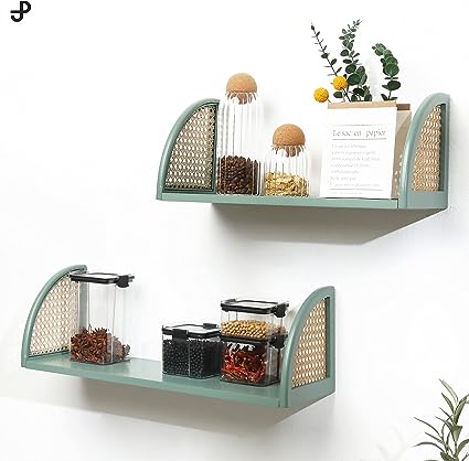 Decorative Wooden Wall Shelf with Rattan, Set of 2 (Green)