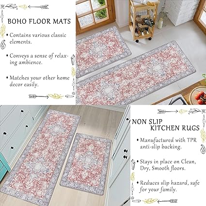 Grey Comfort Kitchen Floor Carpet Runner for Laundry, 17”x28”+17”x47”