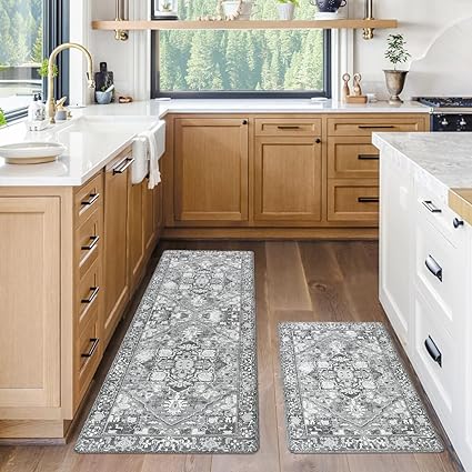 Grey Comfort Kitchen Floor Carpet Runner for Laundry, 17”x28”+17”x47”
